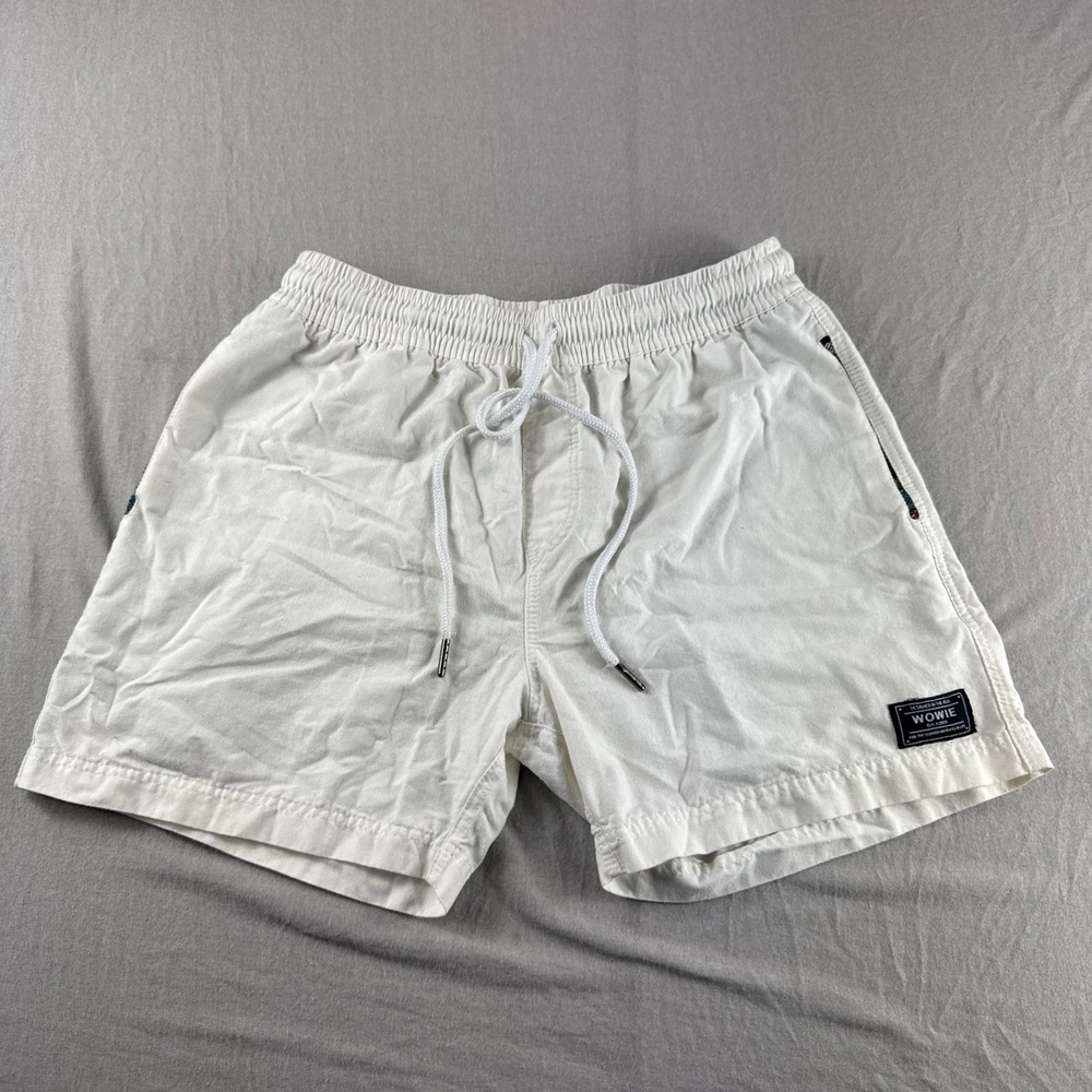 Wowie Shorts Mens S Beige Drawstring Aztec Trim Pockets Outdoors Gym Running 5"